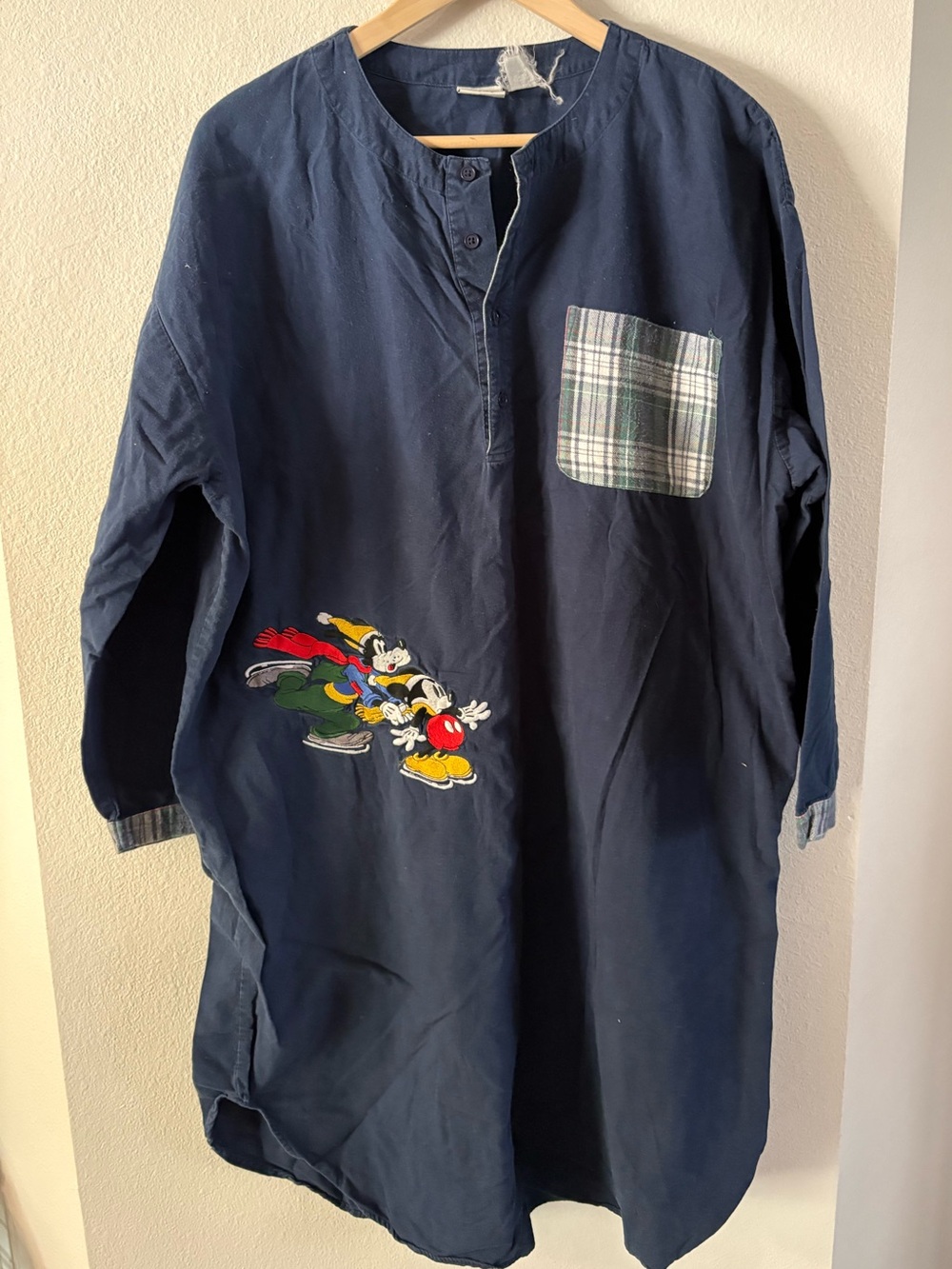 Vintage Disney Store Navy Nightshirt with Plaid Pocket & Character Patch est. XL
